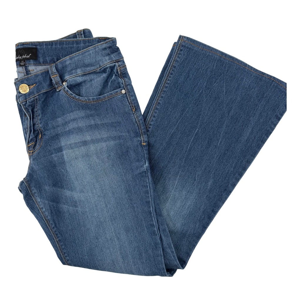 Baby Phat Blue Flare Denim Jeans Womens 11 Medium Wash Rhinestone Cat Logo Y2K
